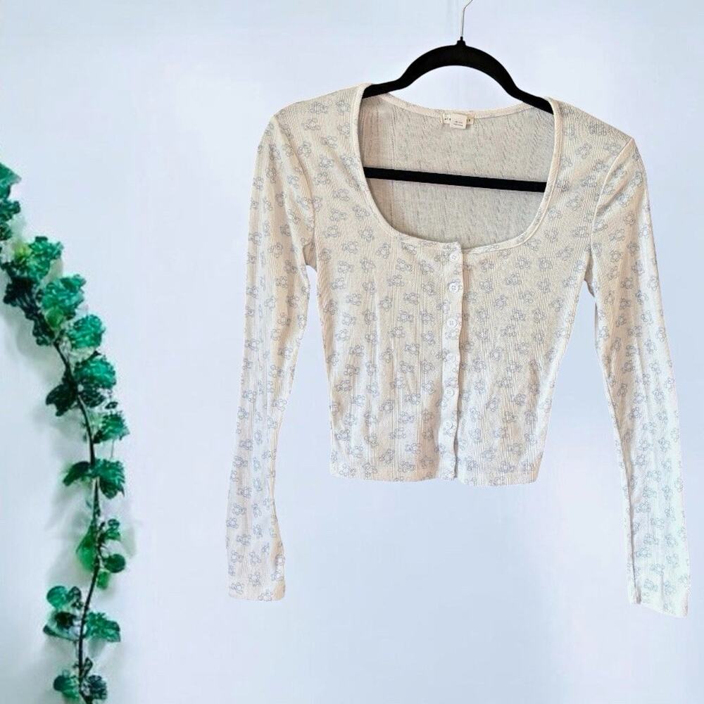 Aéropostale Women's White Bear Knit Crop Top Button-Front Scoop Neck Cardigan XS